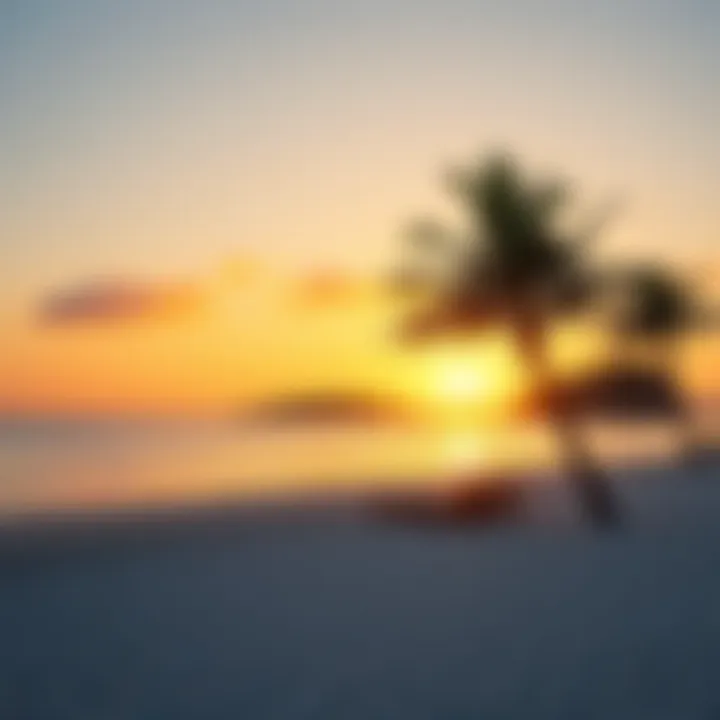 A serene beach setting on a private island at sunset