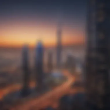 Night view of كابيتال مول illuminated against the Dubai skyline