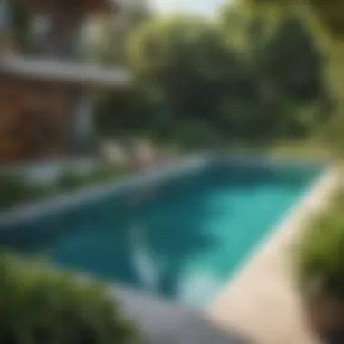 Outdoor swimming pool surrounded by lush greenery