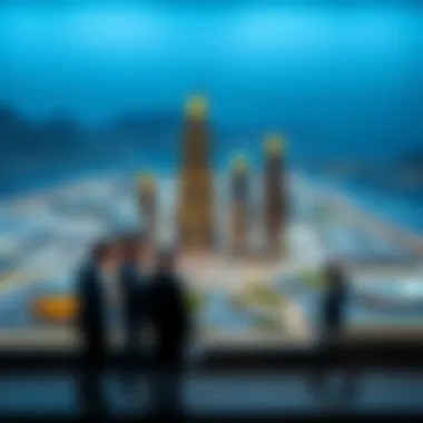 Investors discussing potential opportunities in front of Aykon City model