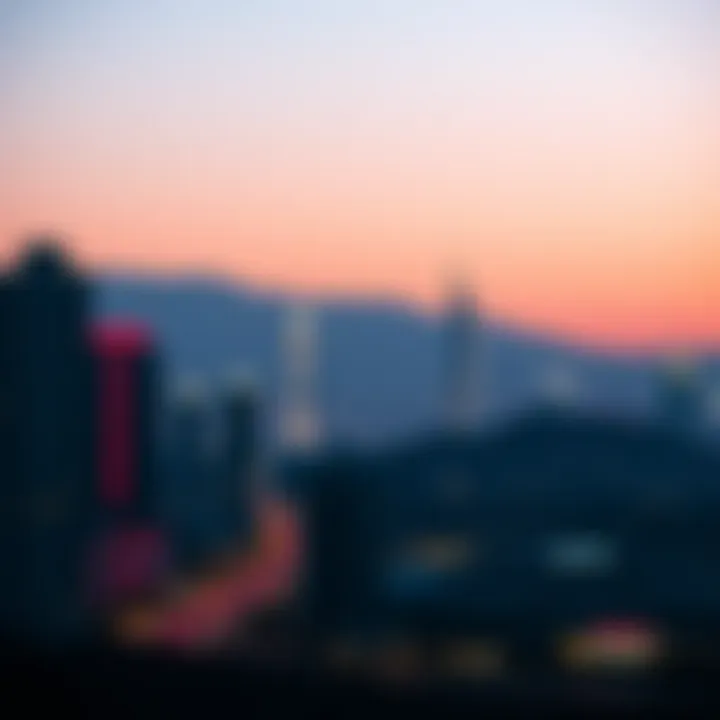 Render of Aykon City at twilight with illuminated skyline