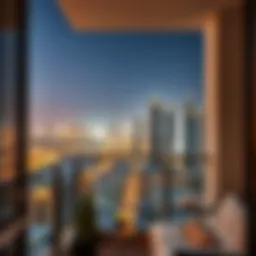 Stunning view of a one-bedroom apartment balcony overlooking Dubai skyline