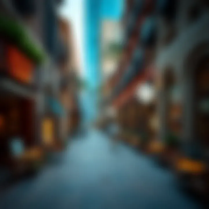 Vibrant street scene in DIFC Village with cafes and shops