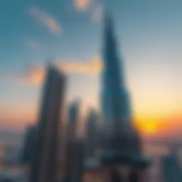 Aerial view of Burj Khalifa at sunset