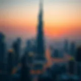 Stunning view of Burj Khalifa towering over the Dubai skyline at sunset