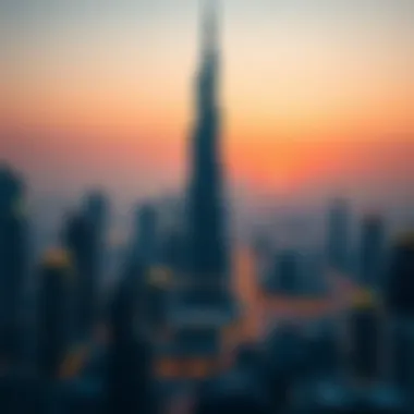 Stunning view of Burj Khalifa towering over the Dubai skyline at sunset