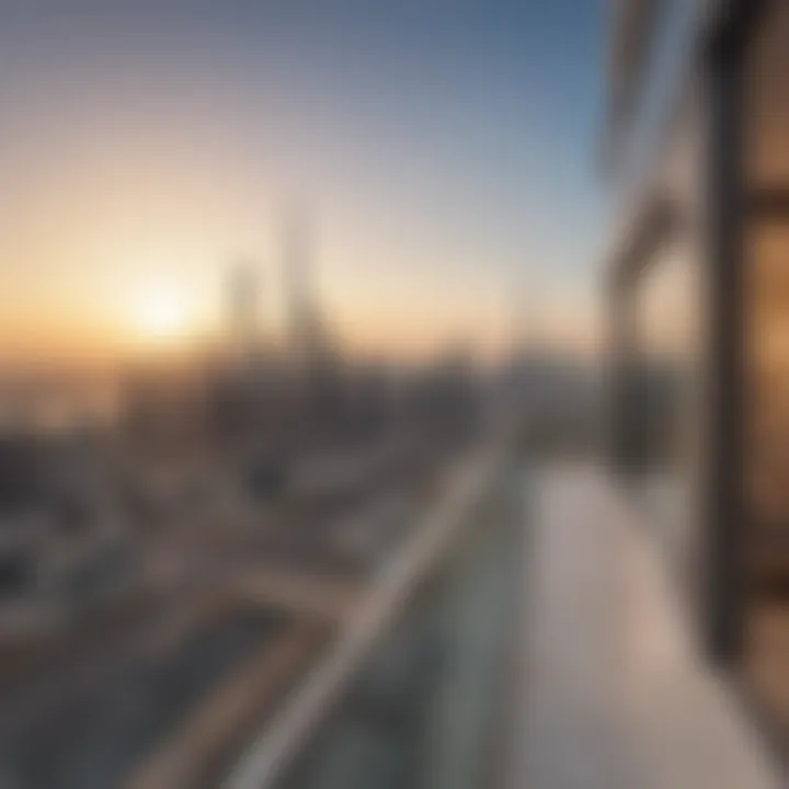 Panoramic view of Dubai skyline from a balcony at The Atria Residences