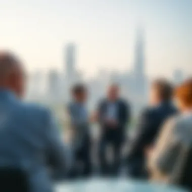 Investors discussing property options in JLT Cluster C with a skyline backdrop