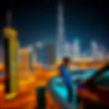 Stunning view of Dubai skyline at night with illuminated buildings.