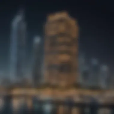 Night view of the Marina Tiger Tower illuminated against the Dubai skyline