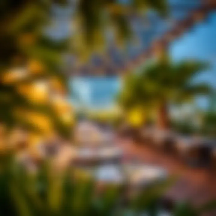 Vibrant outdoor dining area with lush greenery and ambient lighting