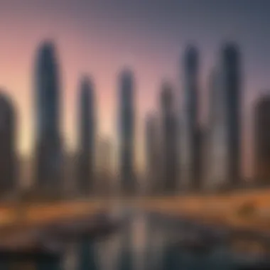 Architectural marvels lining the Dubai Marina skyline at sunset