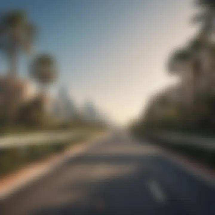 Scenic road leading towards Palm Jumeirah with skyline in background