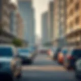 A vibrant view of a busy parking lot in Dubai showcasing various parking zones.