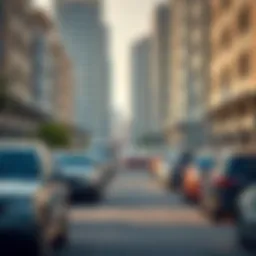 A vibrant view of a busy parking lot in Dubai showcasing various parking zones.