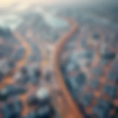 An aerial view of Dubai highlighting metro routes and residential areas