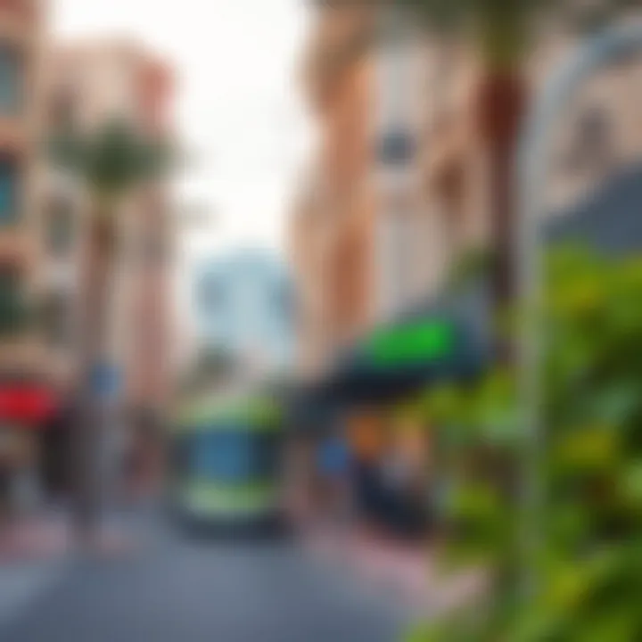 A vibrant neighborhood near a metro station with local shops