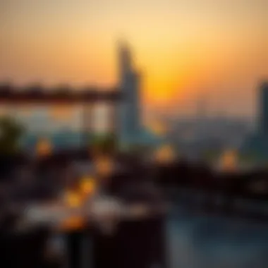 Dubai Rooftop Restaurant Sunset Stunning sunset view from a luxurious Dubai rooftop restaurant