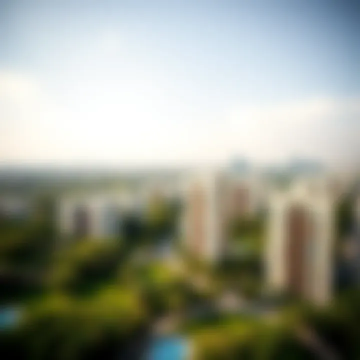 A panoramic view of International City showcasing residential buildings and green spaces