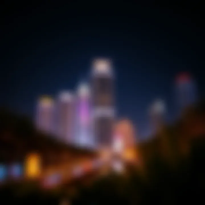 Illuminated Nightscape of The Avenue Night view of The Avenue at Etihad Towers illuminated against the Dubai skyline.