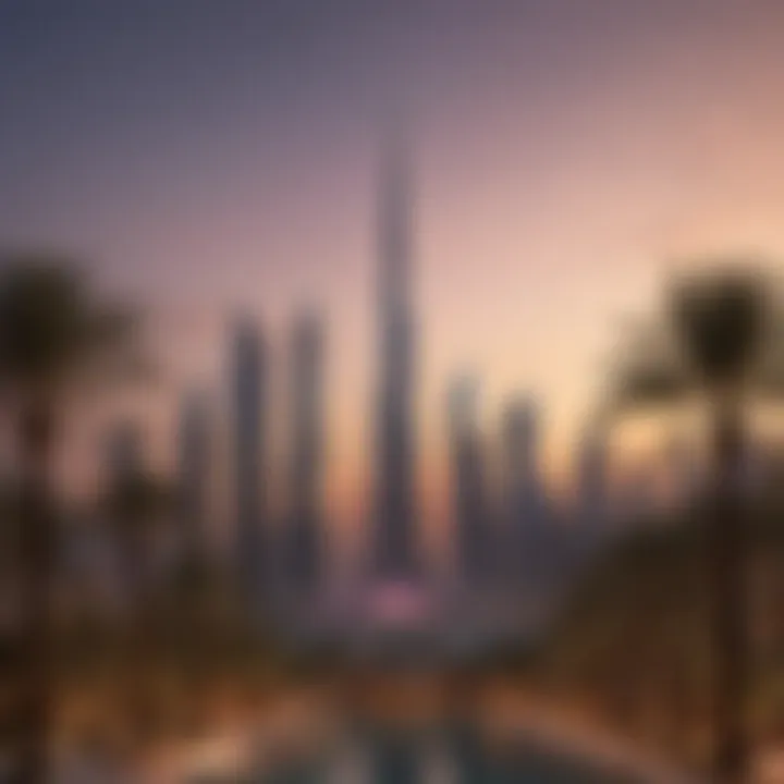 View of The Palm Tower at sunset, illuminating the Dubai skyline.