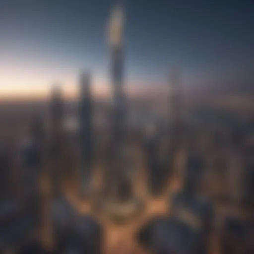 A panoramic view showcasing the Torch Tower's striking architecture against the Dubai skyline.