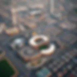 Aerial view of Dubai Sports City showcasing its layout and nearby landmarks